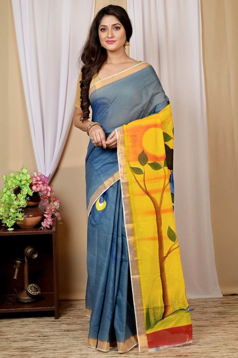 Multi-Coloured Pure Cotton Hataka Hand Painted Saree (9025)