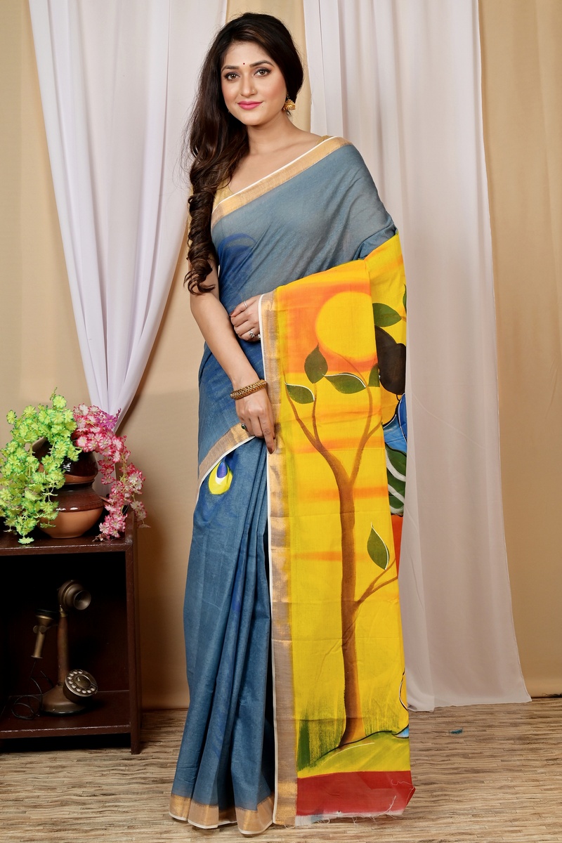 Multi-Coloured Pure Cotton Hataka Hand Painted Saree (9025)