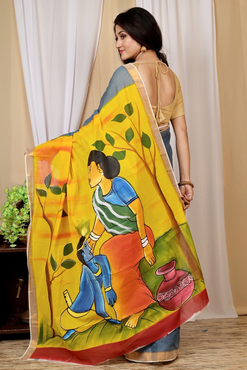 Multi-Coloured Pure Cotton Hataka Hand Painted Saree (9025)