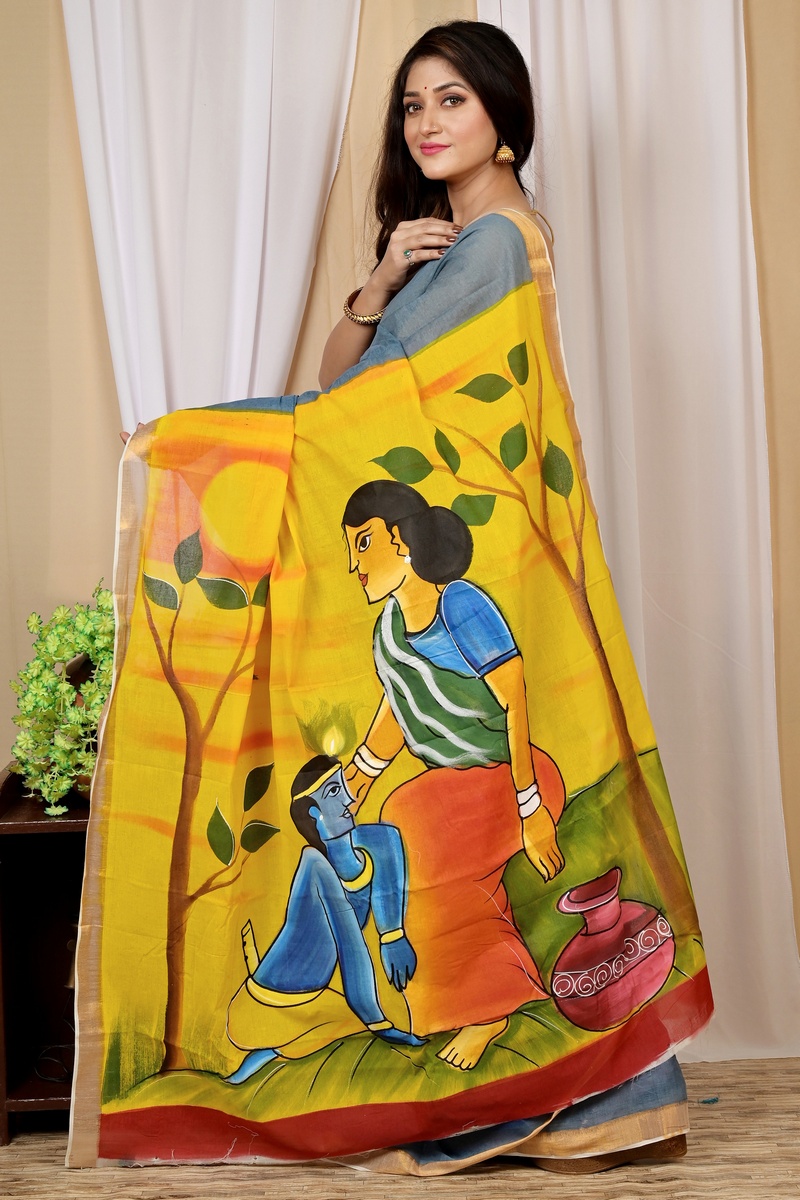 Multi-Coloured Pure Cotton Hataka Hand Painted Saree (9025)