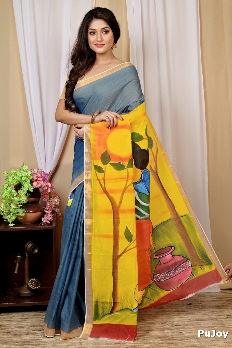 Multi-Coloured Pure Cotton Hataka Hand Painted Saree (9025)