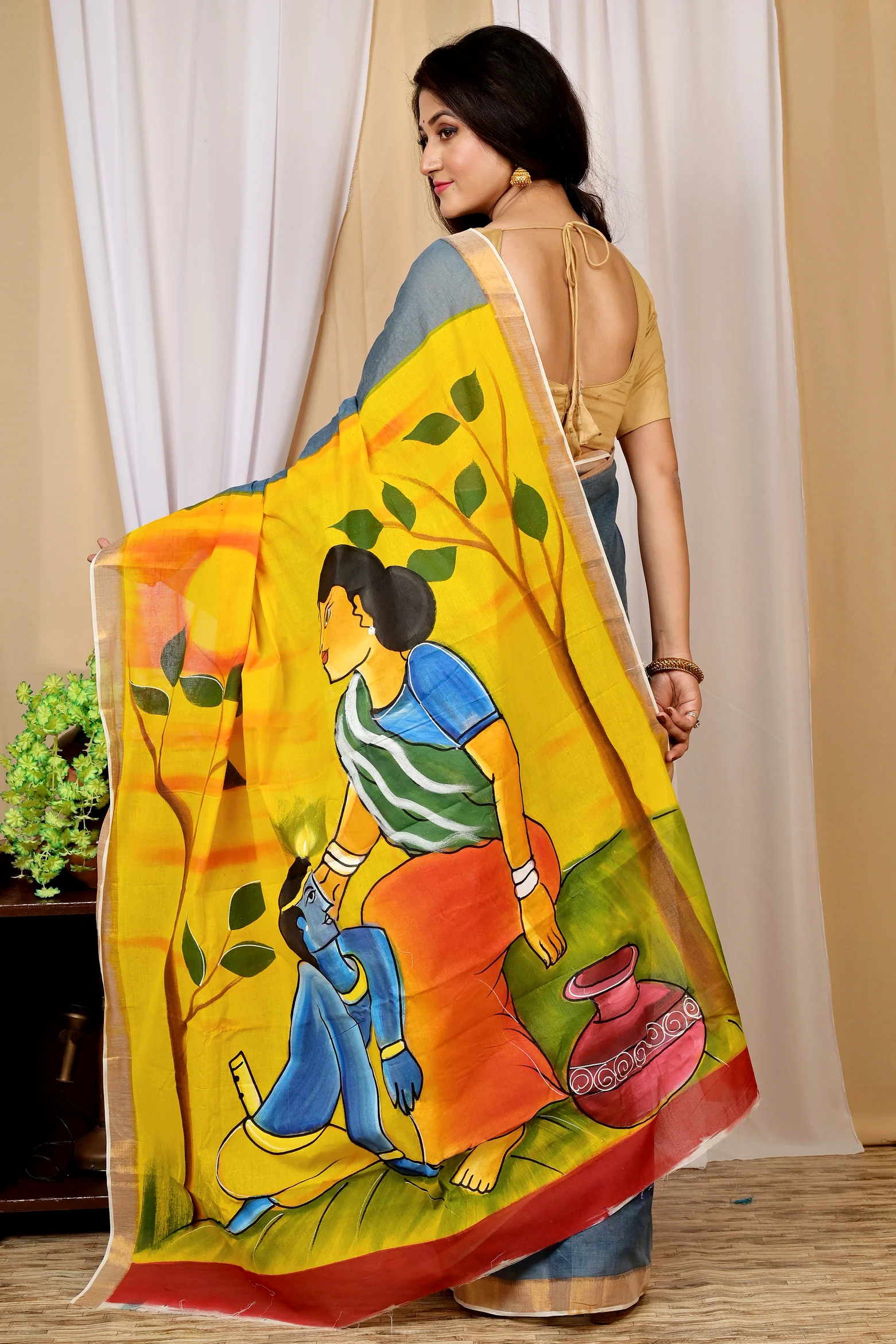 Multi-Coloured Pure Cotton Hataka Hand Painted Saree (9025)