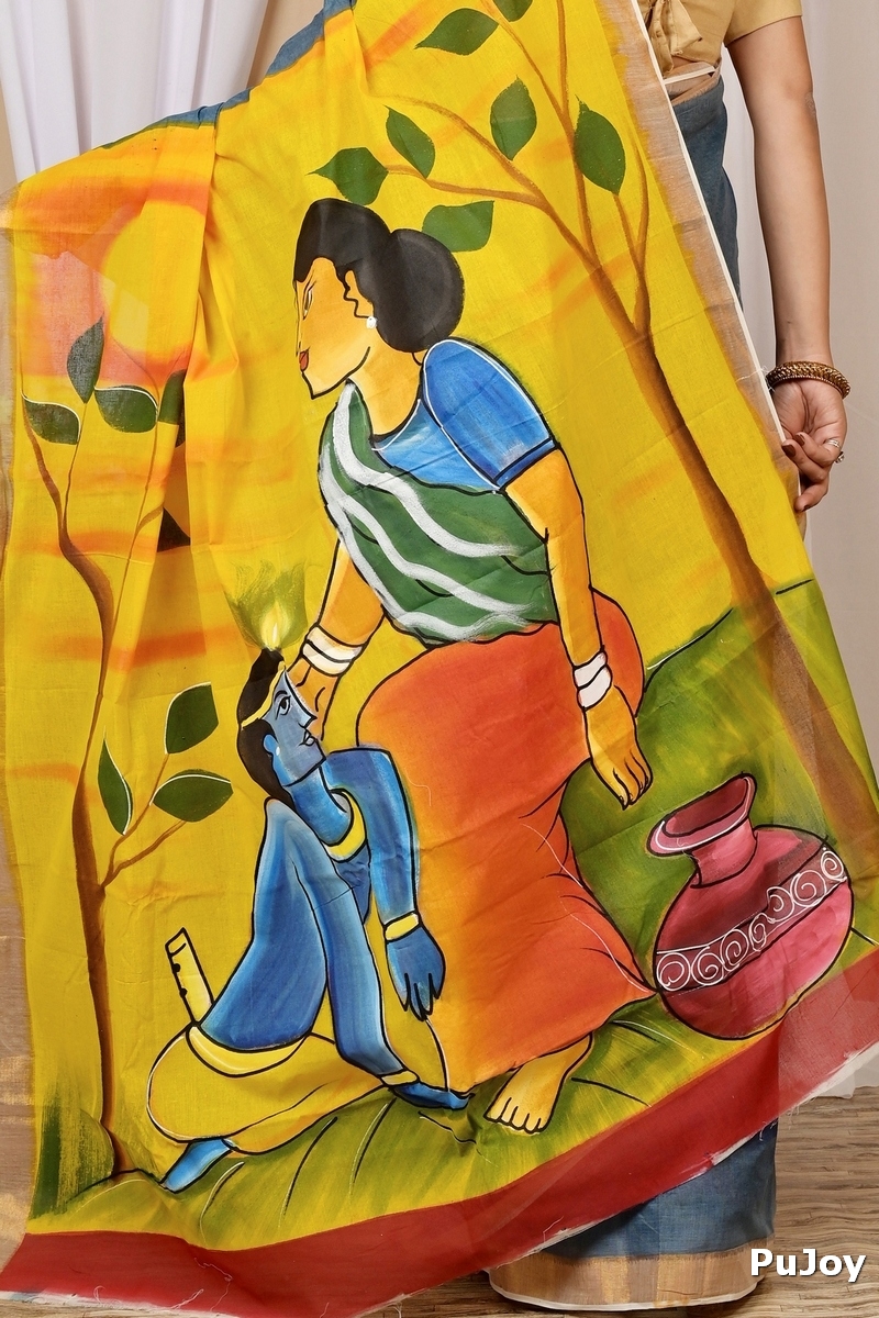 Multi-Coloured Pure Cotton Hataka Hand Painted Saree (9025)