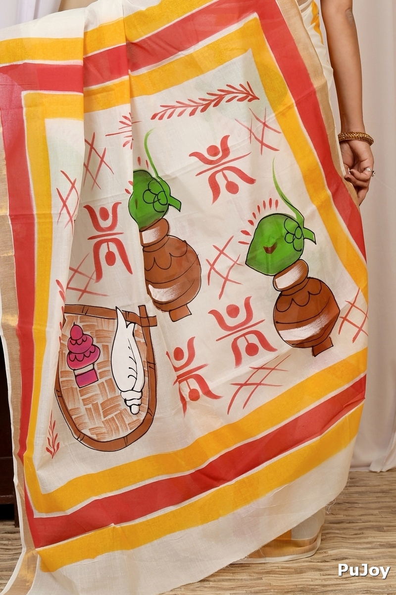 Multi-Coloured Pure Cotton Hataka Hand Painted Saree (9026)