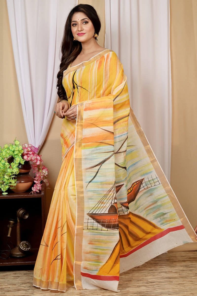 Multi-Coloured Pure Cotton Hataka Hand Painted Saree (9027)