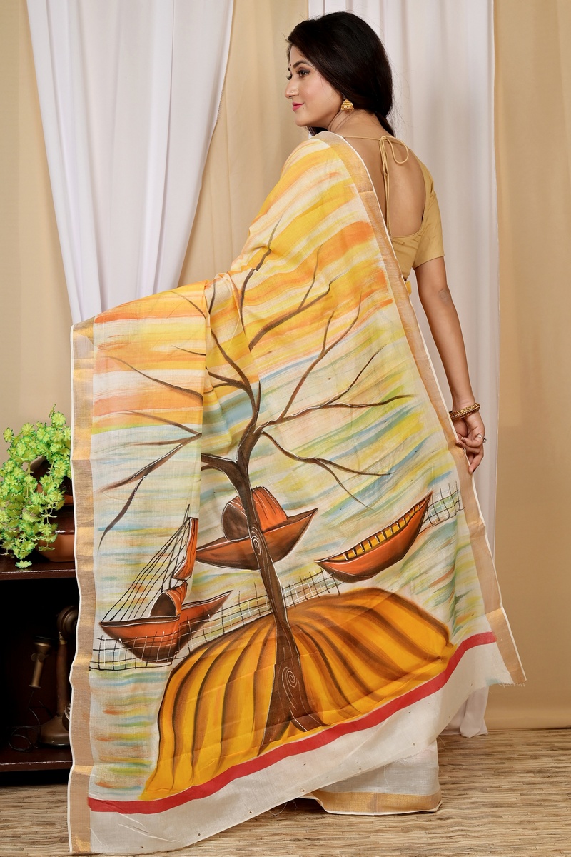 Multi-Coloured Pure Cotton Hataka Hand Painted Saree (9027)