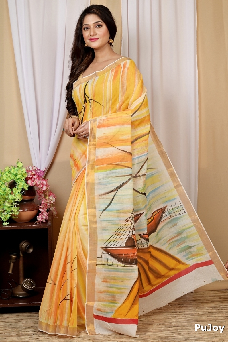Multi-Coloured Pure Cotton Hataka Hand Painted Saree (9027)
