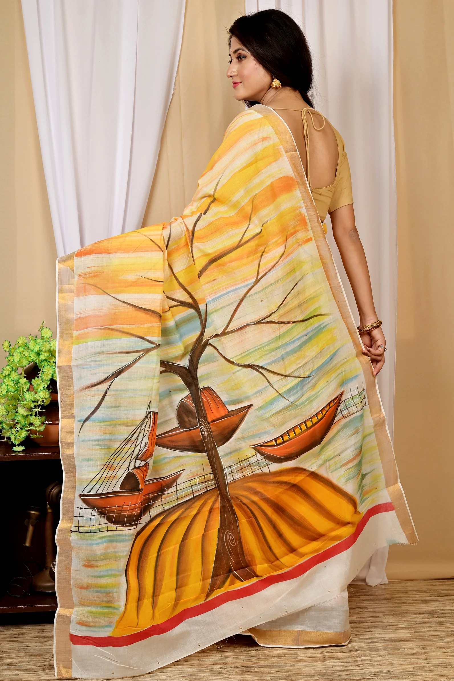 Multi-Coloured Pure Cotton Hataka Hand Painted Saree (9027)