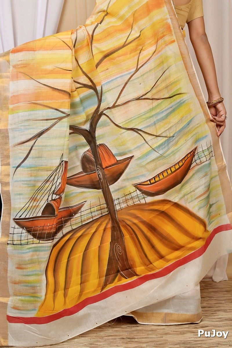 Multi-Coloured Pure Cotton Hataka Hand Painted Saree (9027)