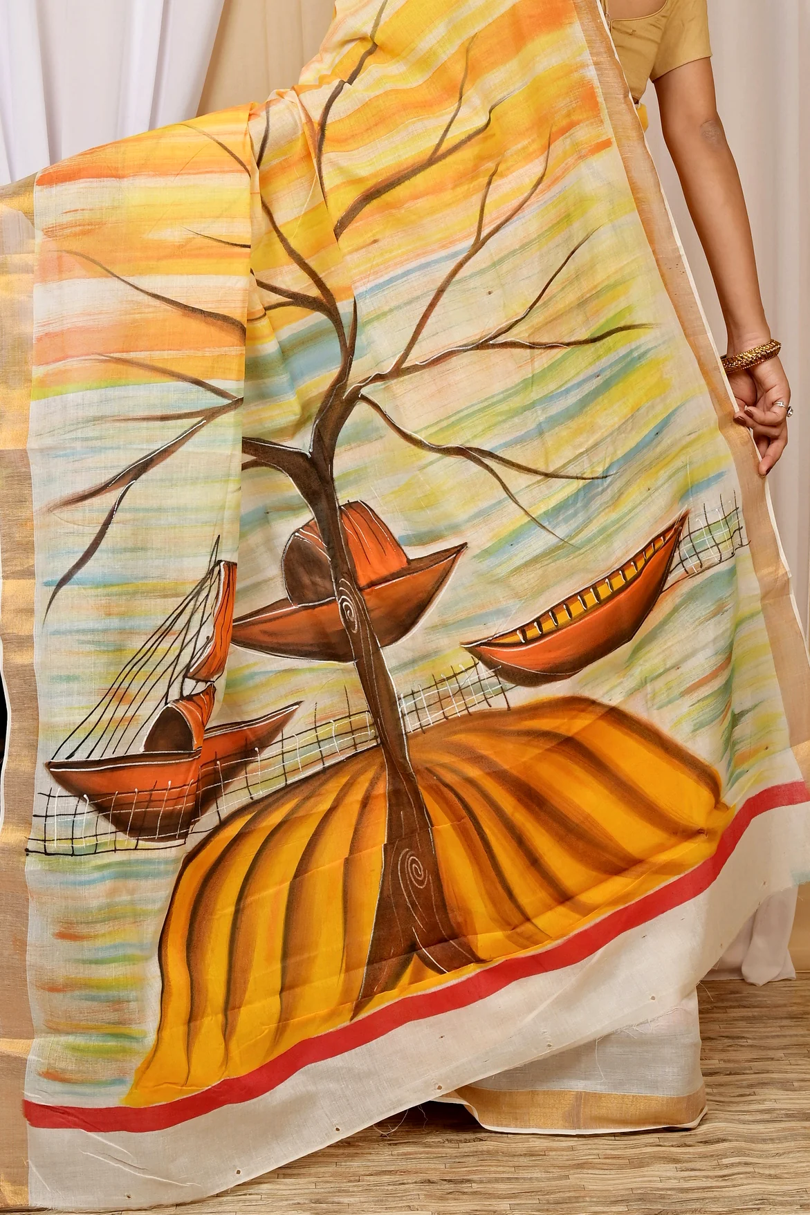 Multi-Coloured Pure Cotton Hataka Hand Painted Saree (9027)