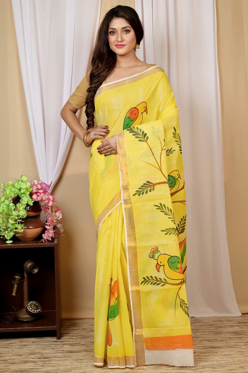 Multi-Coloured Pure Cotton Hataka Hand Painted Saree (9028)