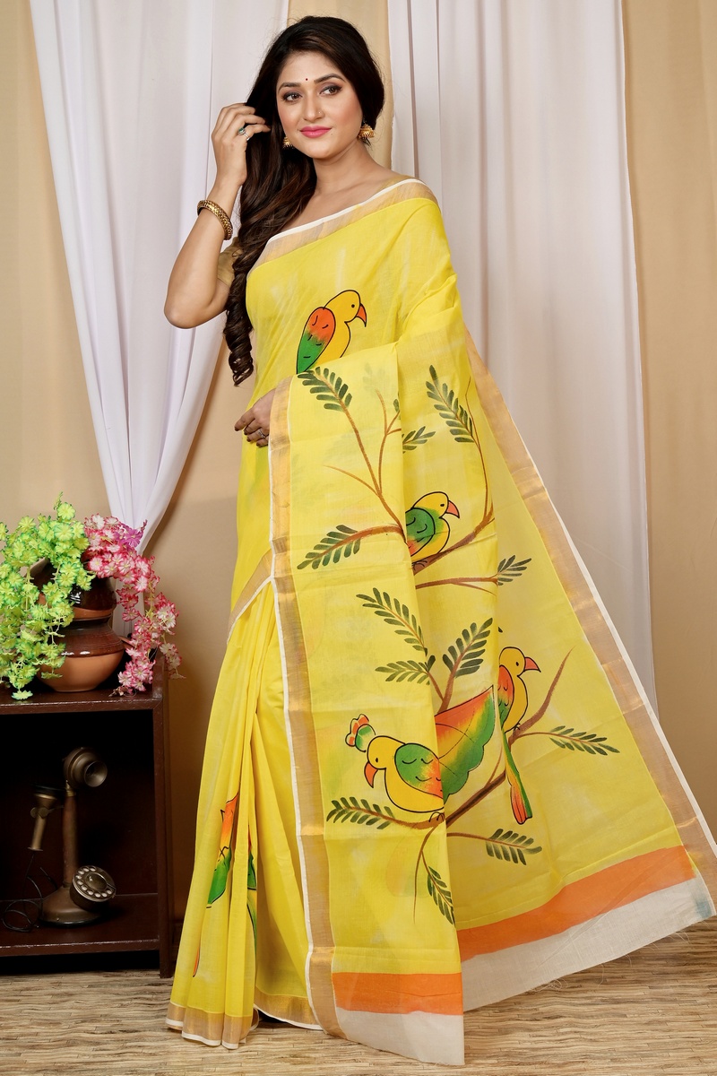 Multi-Coloured Pure Cotton Hataka Hand Painted Saree (9028)
