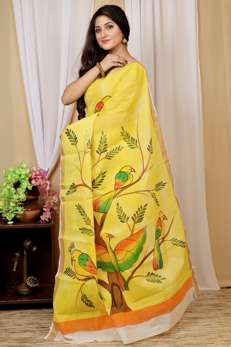 Multi-Coloured Pure Cotton Hataka Hand Painted Saree (9028)