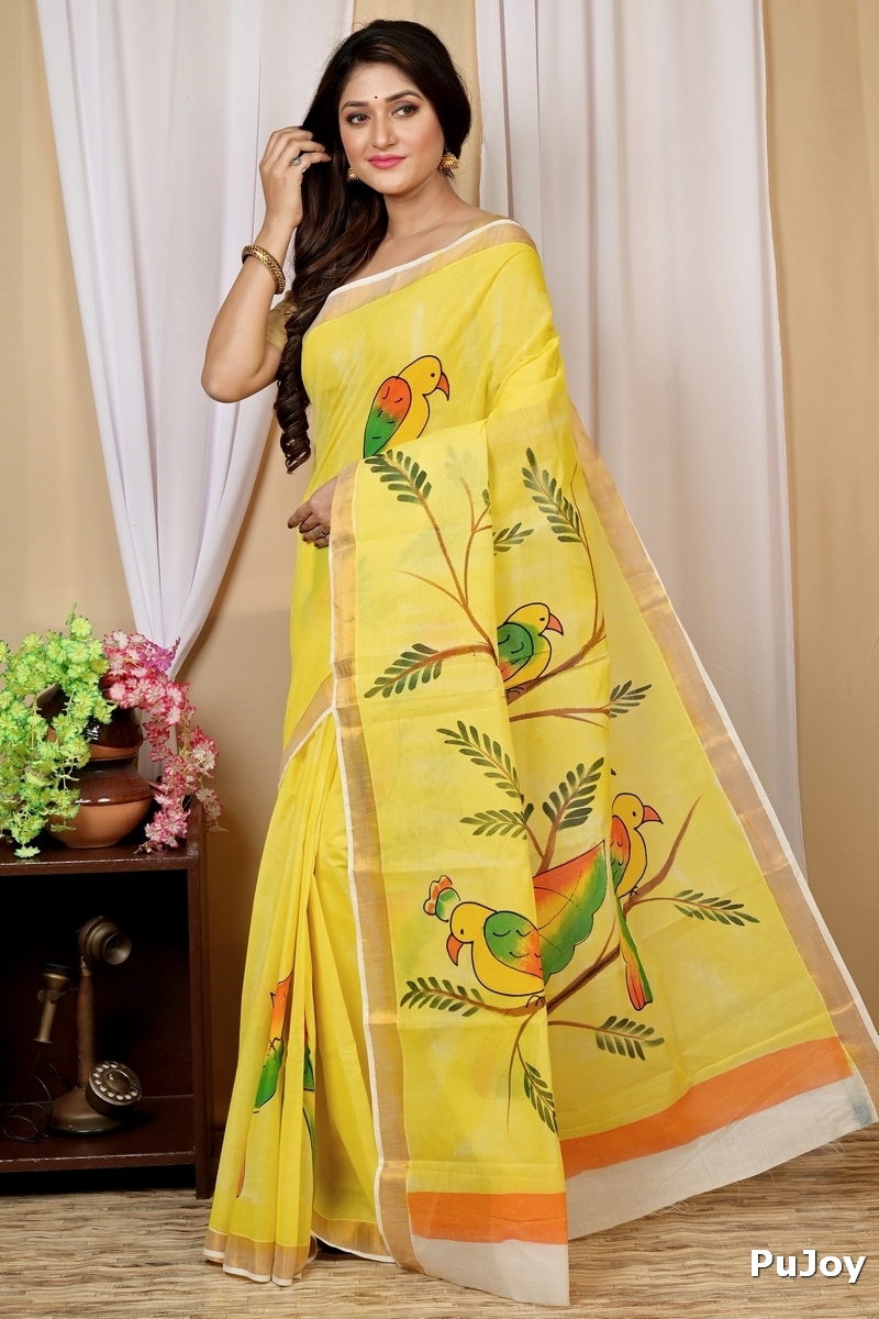 Multi-Coloured Pure Cotton Hataka Hand Painted Saree (9028)