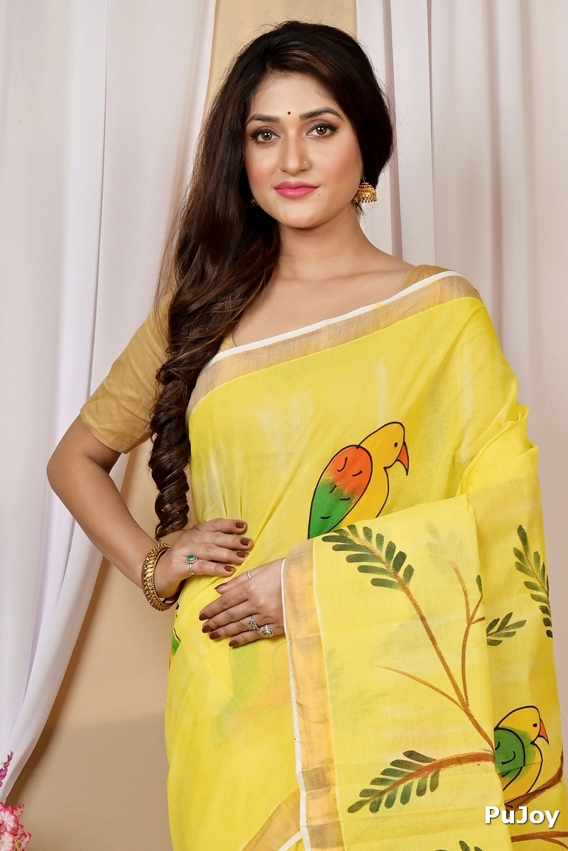 Multi-Coloured Pure Cotton Hataka Hand Painted Saree (9028)