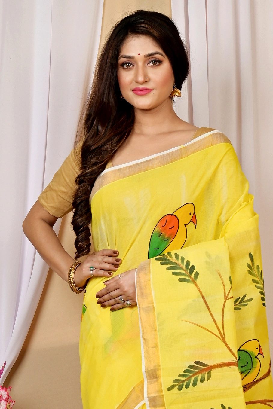 Multi-Coloured Pure Cotton Hataka Hand Painted Saree (9028)