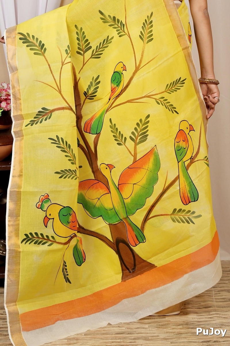 Multi-Coloured Pure Cotton Hataka Hand Painted Saree (9028)