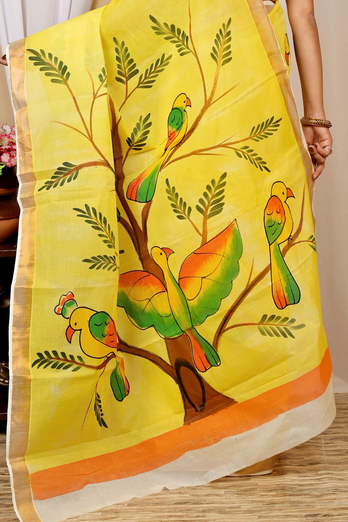 Multi-Coloured Pure Cotton Hataka Hand Painted Saree (9028)