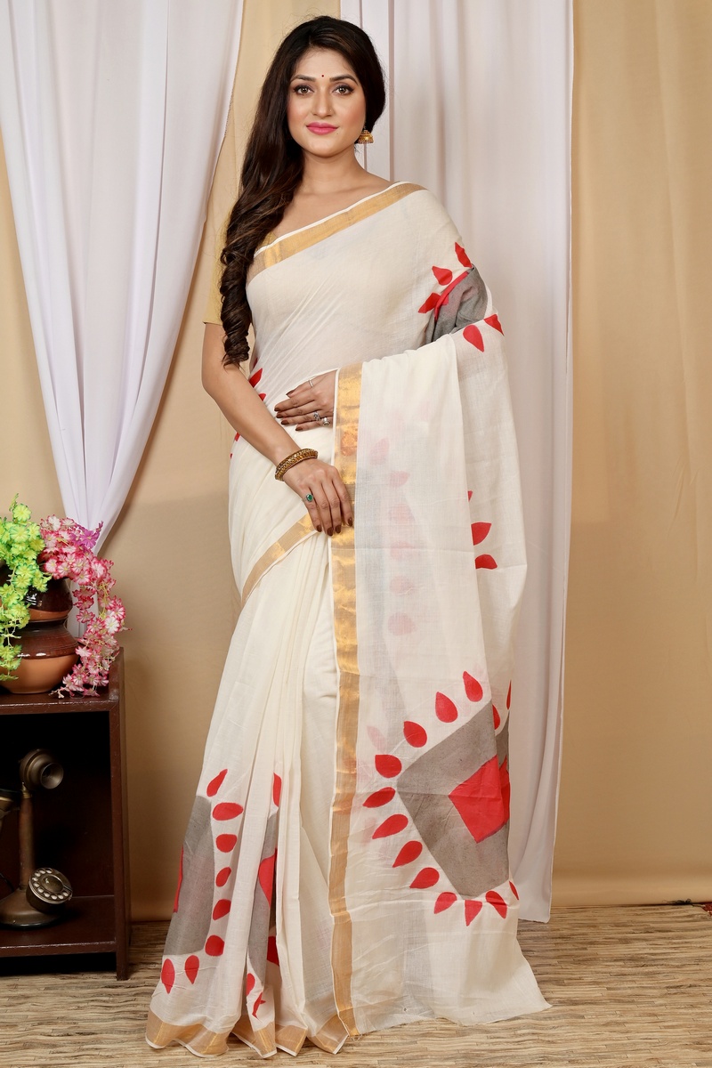 Multi-Coloured Pure Cotton Hataka Hand Painted Saree (9029)