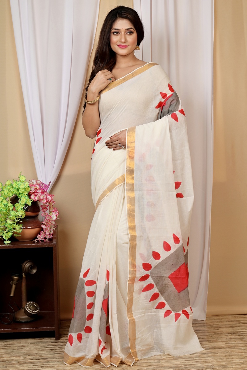 Multi-Coloured Pure Cotton Hataka Hand Painted Saree (9029)