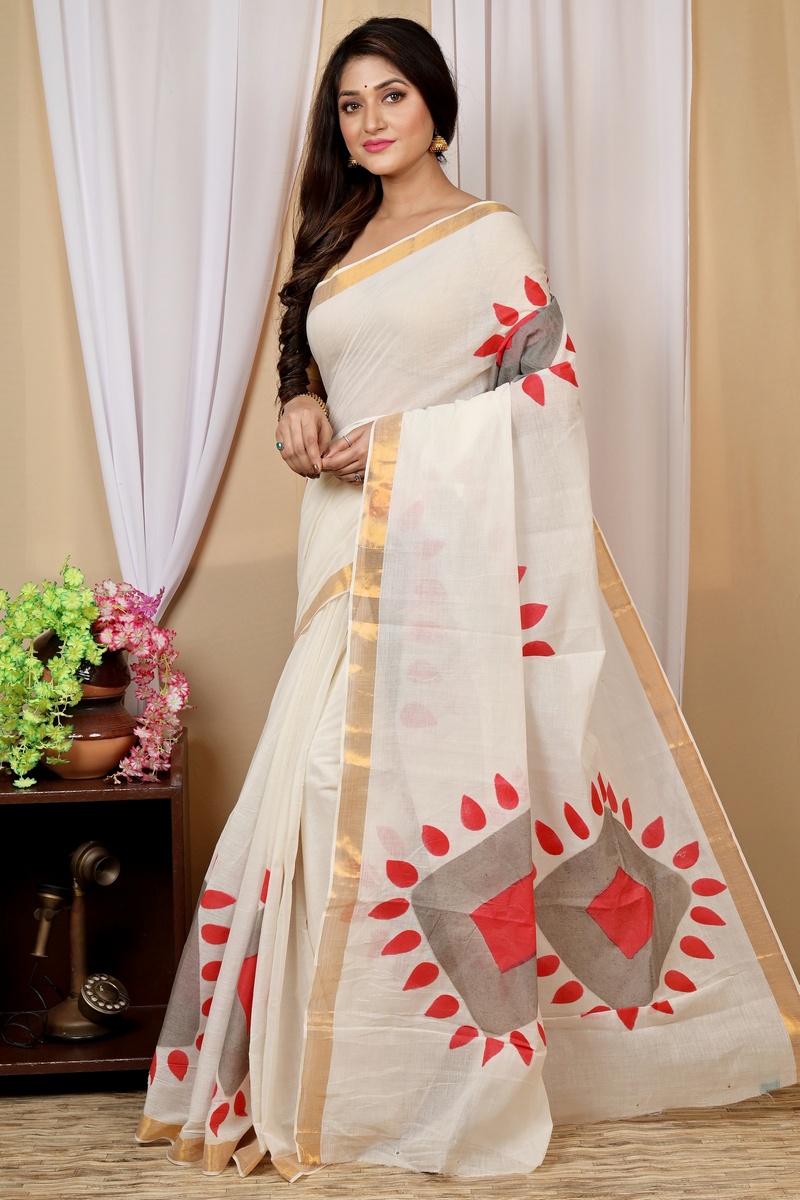 Multi-Coloured Pure Cotton Hataka Hand Painted Saree (9029)