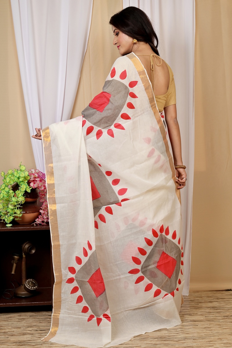 Multi-Coloured Pure Cotton Hataka Hand Painted Saree (9029)