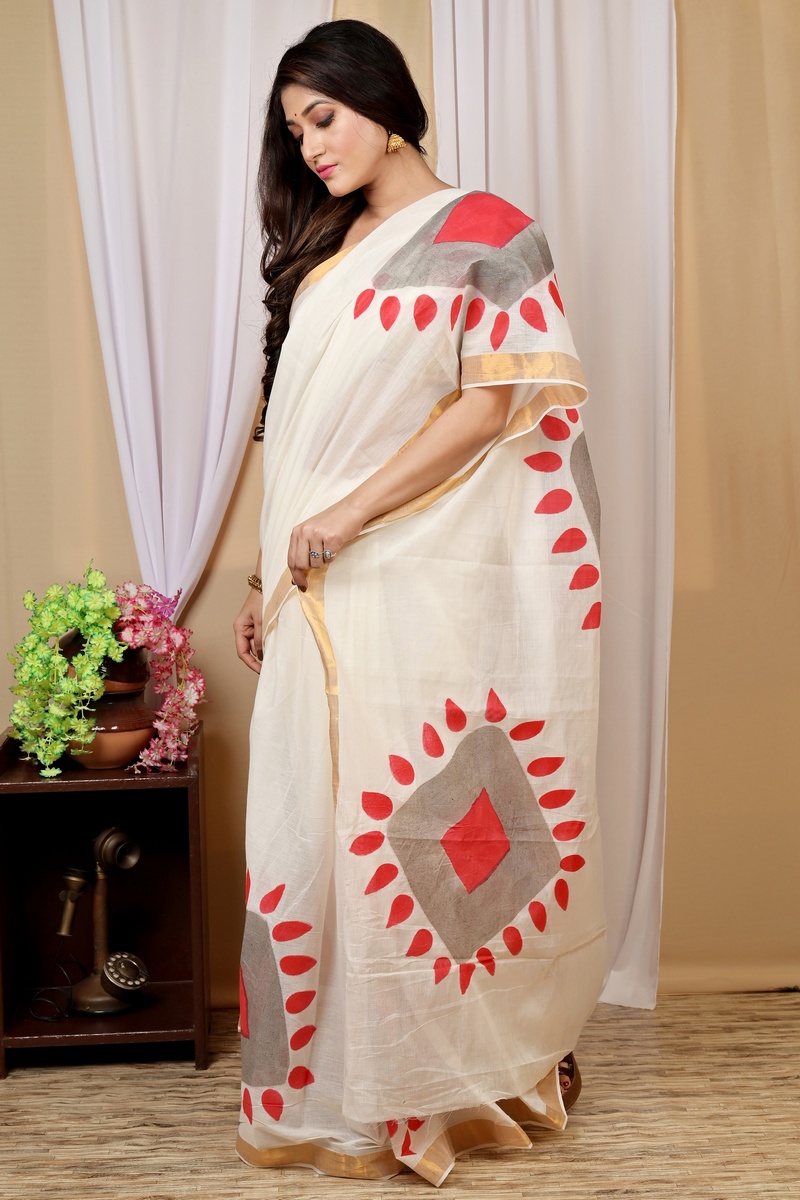 Multi-Coloured Pure Cotton Hataka Hand Painted Saree (9029)