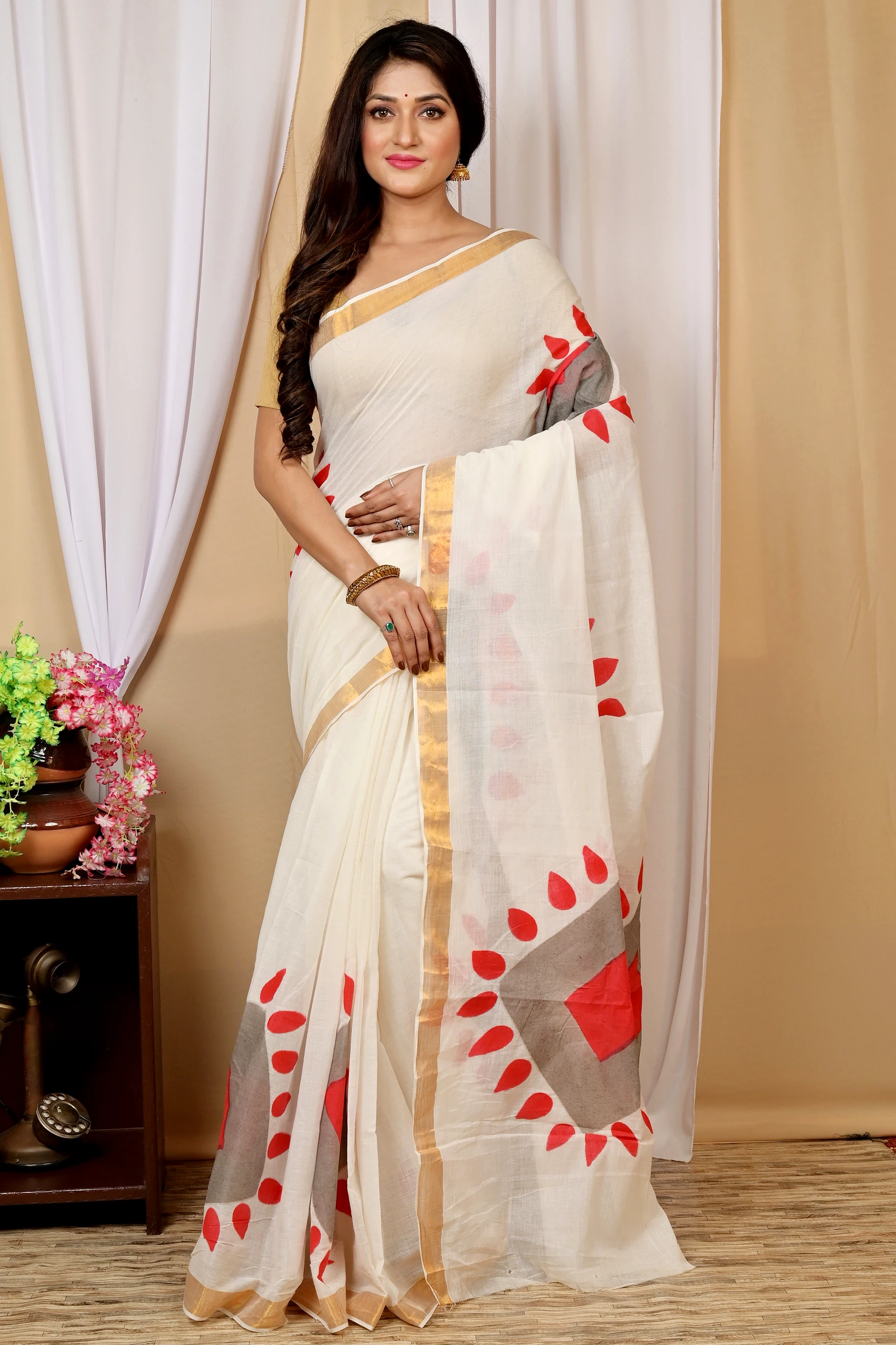Multi-Coloured Pure Cotton Hataka Hand Painted Saree (9029)