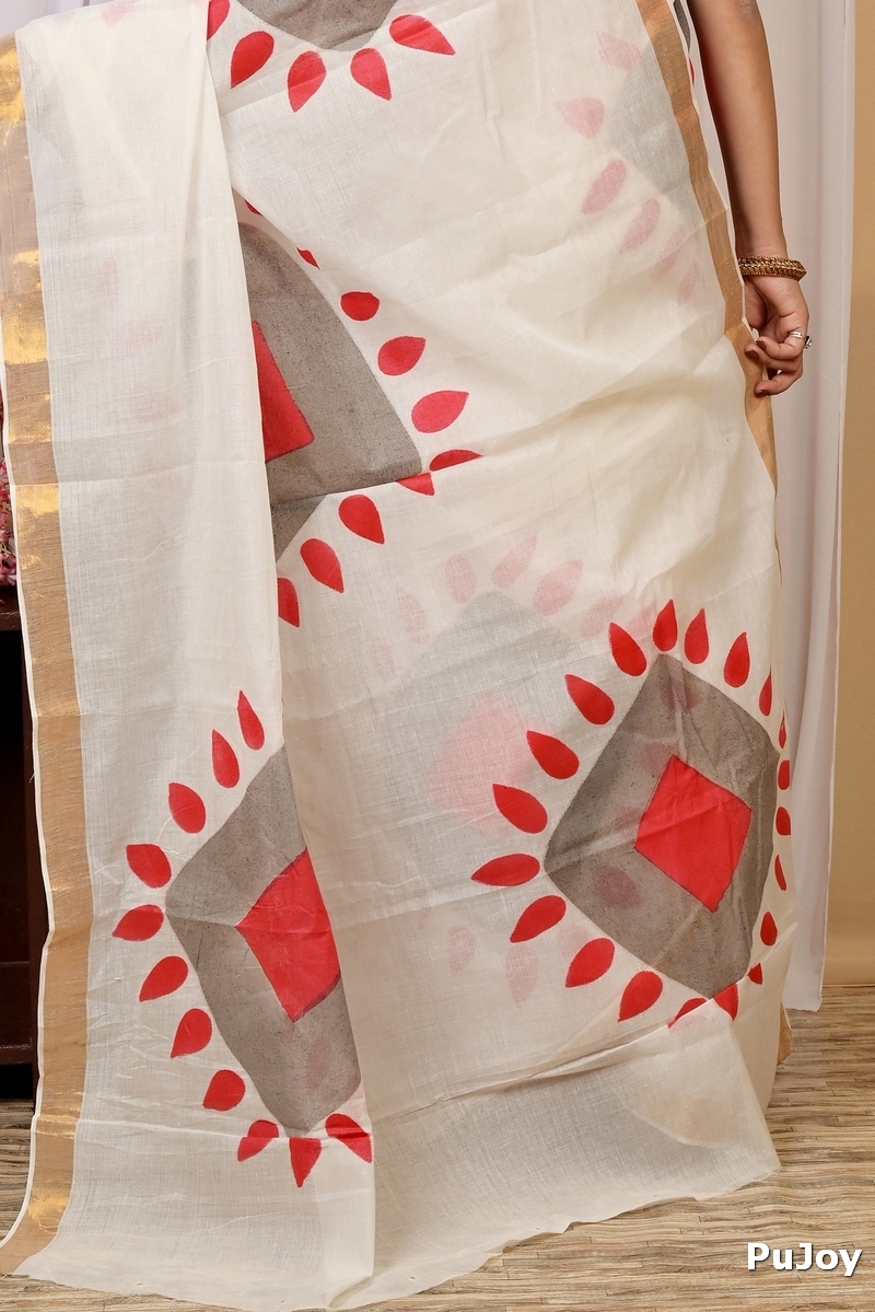 Multi-Coloured Pure Cotton Hataka Hand Painted Saree (9029)