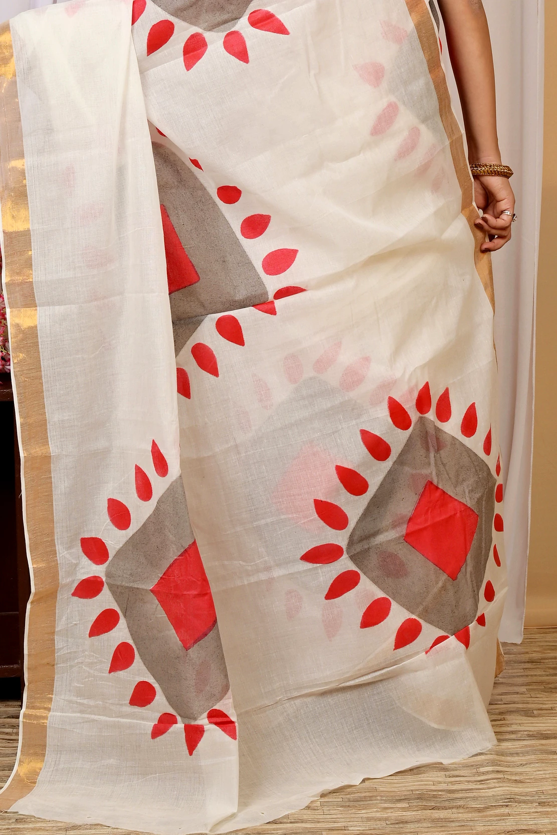 Multi-Coloured Pure Cotton Hataka Hand Painted Saree (9029)
