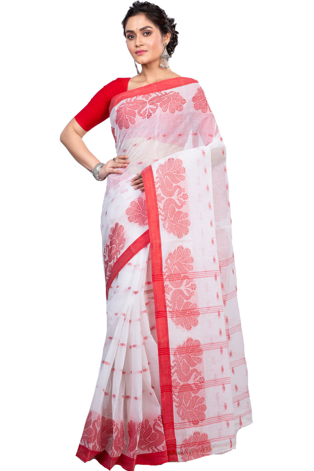 White Pure Cotton MOYUR PAR Tant Saree (903)