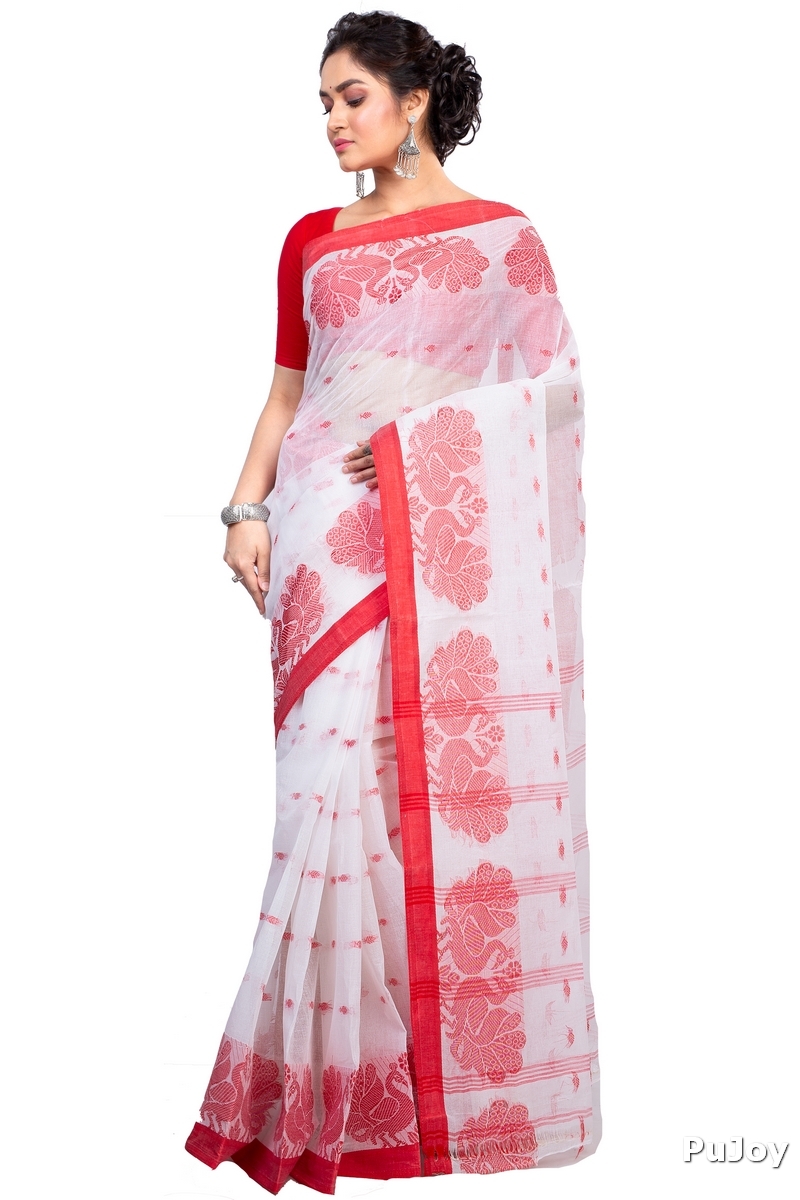 White Pure Cotton MOYUR PAR Tant Saree (903)