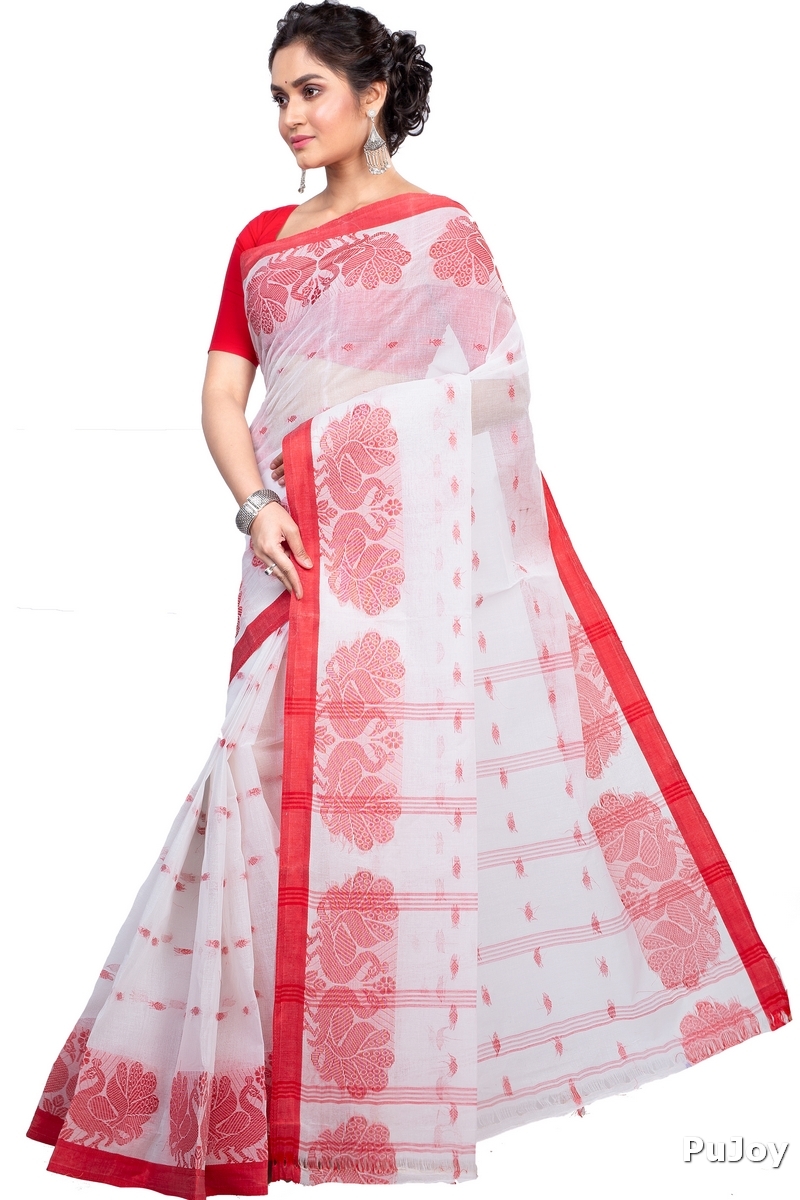 White Pure Cotton MOYUR PAR Tant Saree (903)