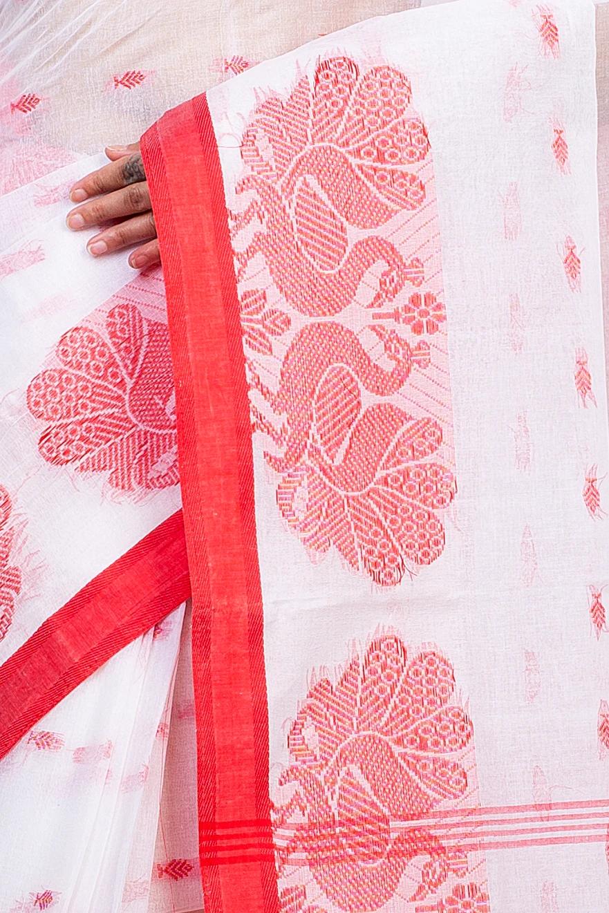 White Pure Cotton MOYUR PAR Tant Saree (903)