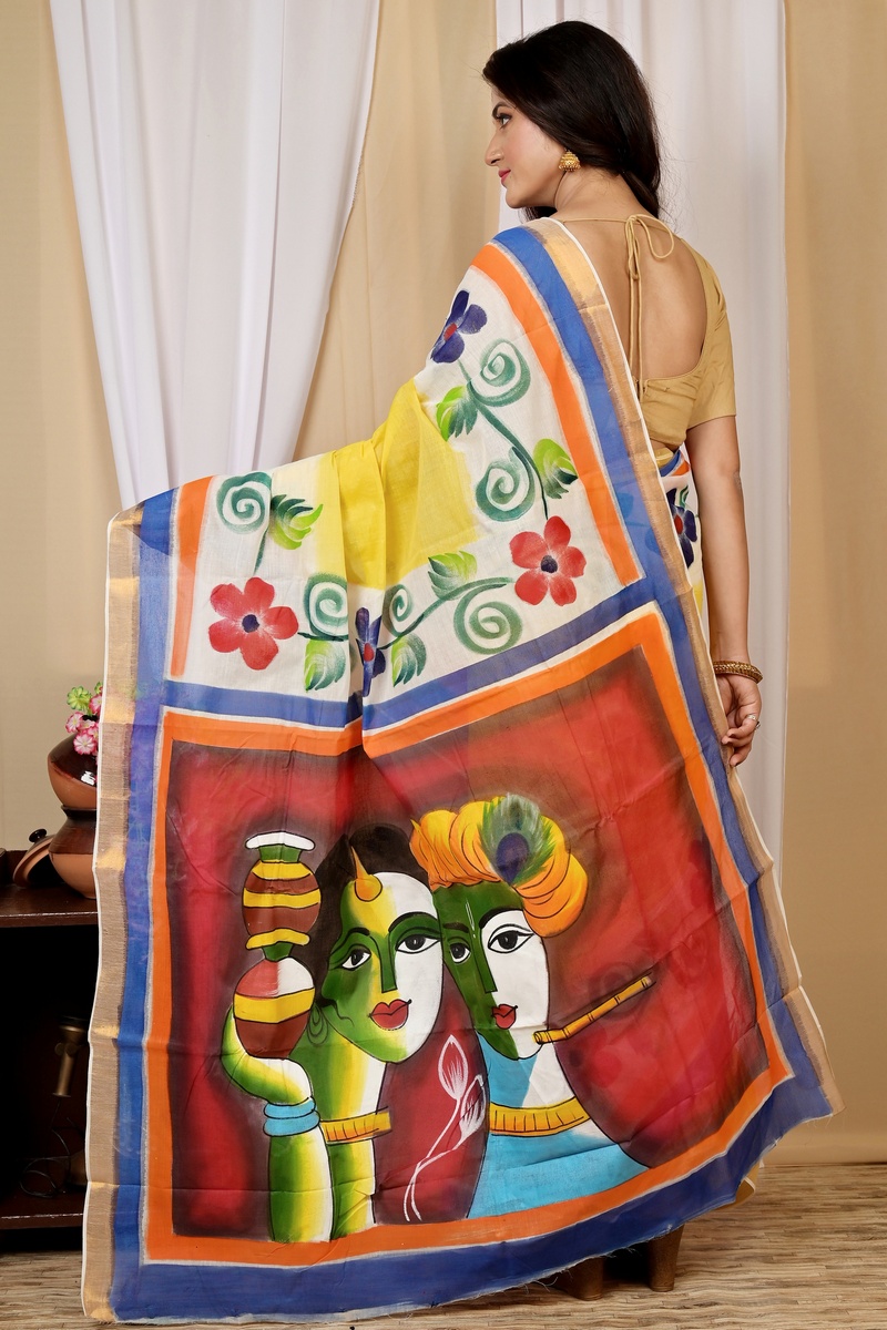Multi-Coloured Pure Cotton Hataka Hand Painted Saree (9030)
