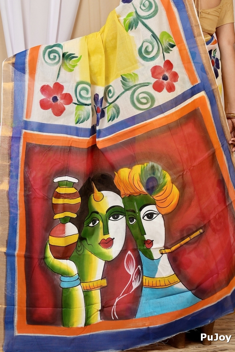 Multi-Coloured Pure Cotton Hataka Hand Painted Saree (9030)
