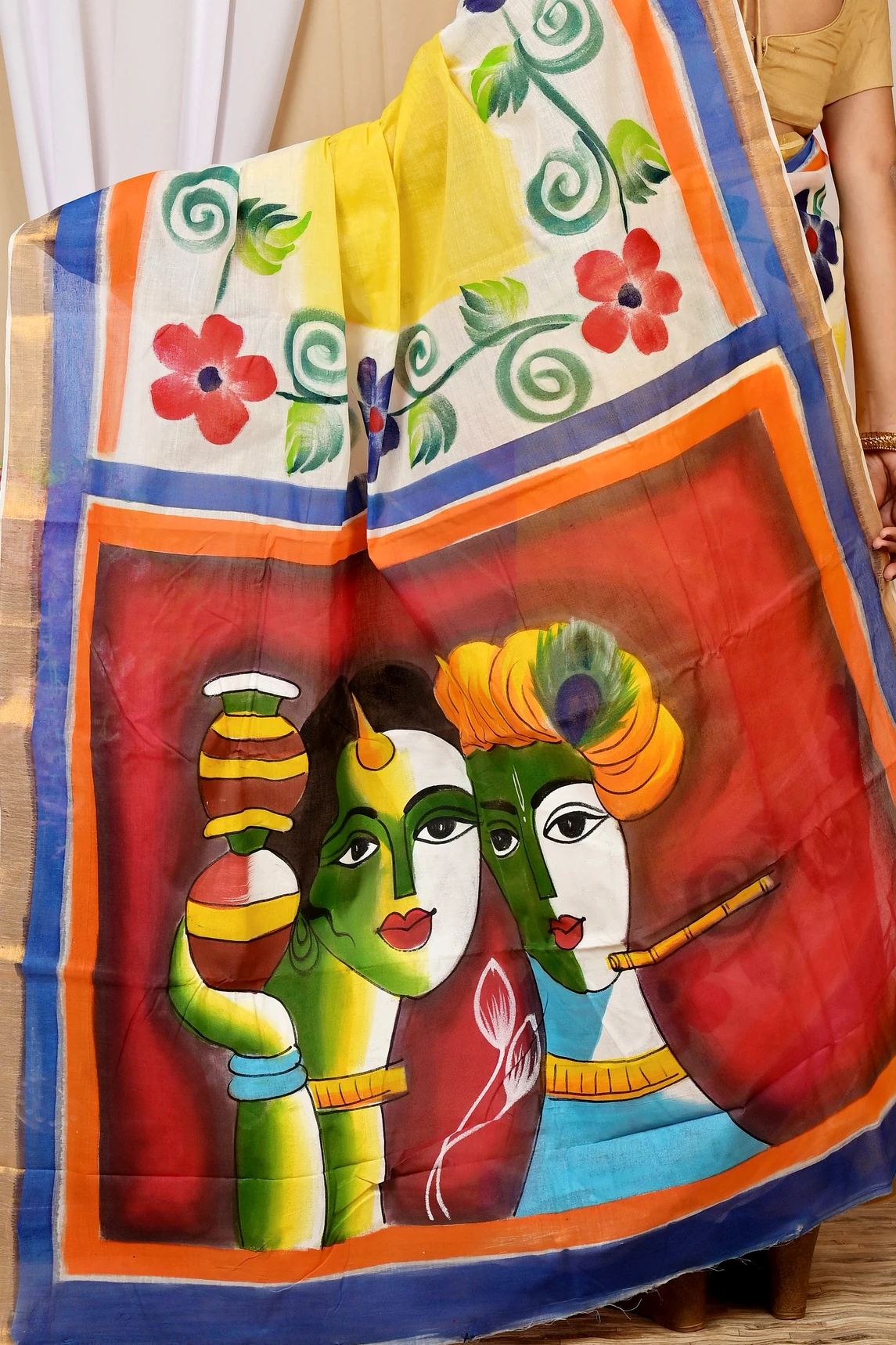 Multi-Coloured Pure Cotton Hataka Hand Painted Saree (9030)