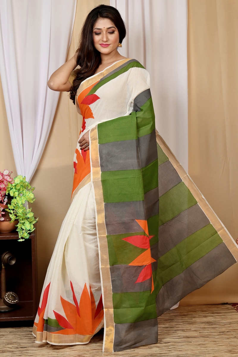 Multi-Coloured Pure Cotton Hataka Hand Painted Saree (9031)
