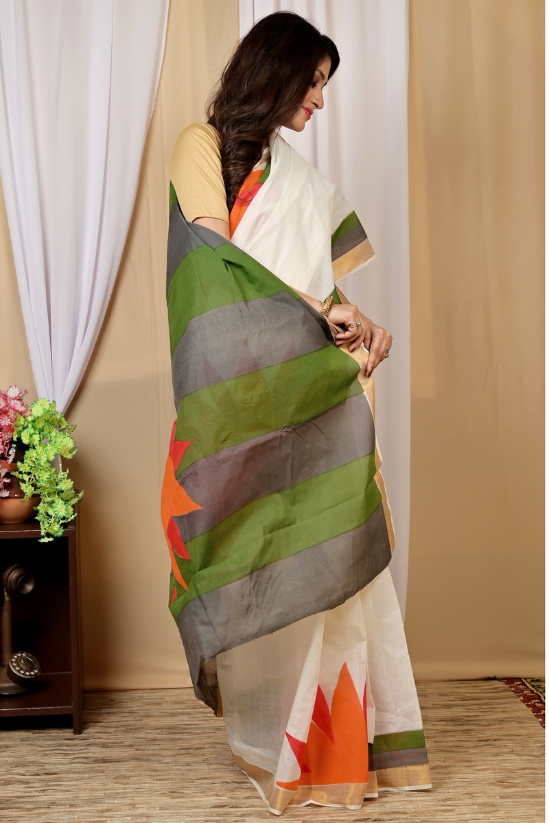 Multi-Coloured Pure Cotton Hataka Hand Painted Saree (9031)