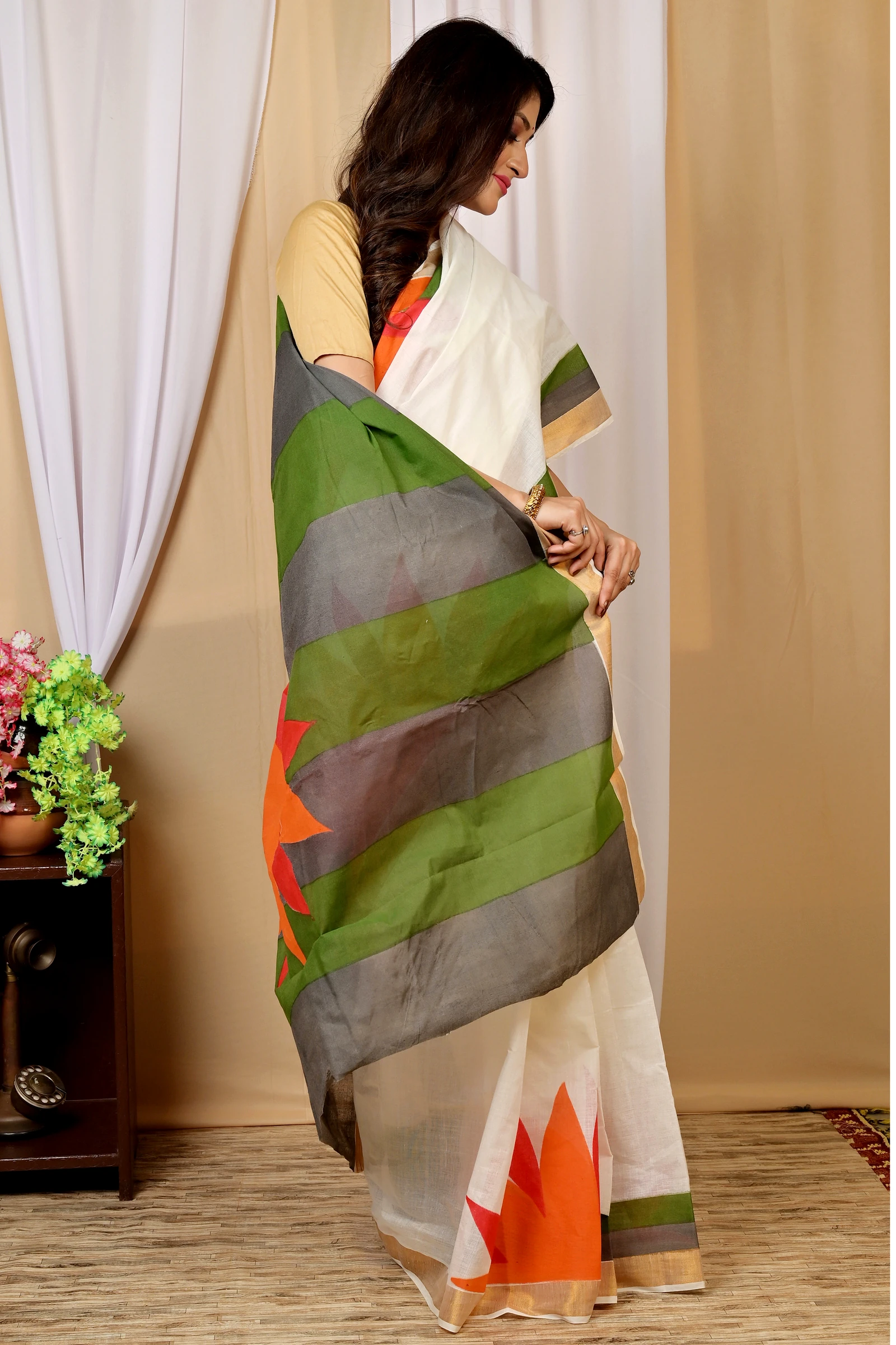 Multi-Coloured Pure Cotton Hataka Hand Painted Saree (9031)