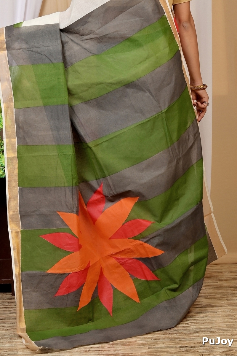 Multi-Coloured Pure Cotton Hataka Hand Painted Saree (9031)