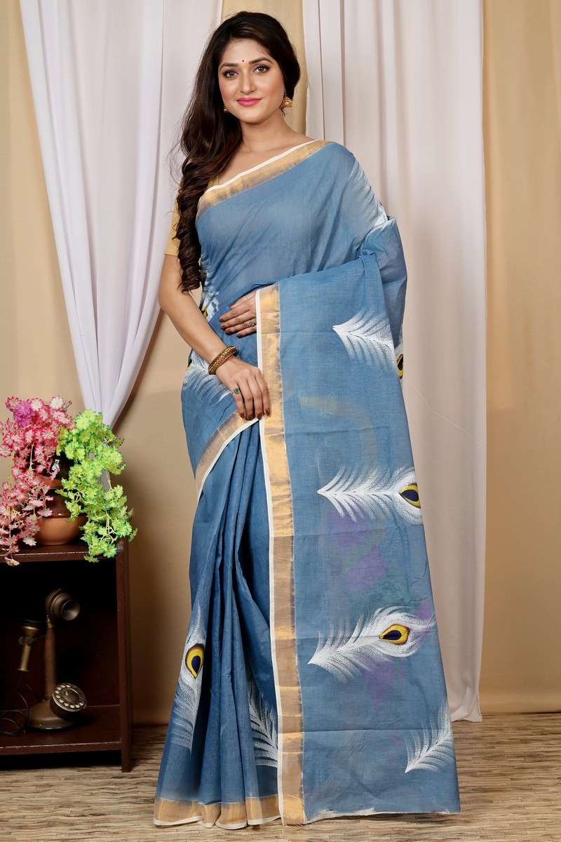 Multi-Coloured Pure Cotton Hataka Hand Painted Saree (9032)