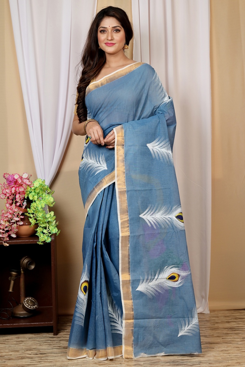 Multi-Coloured Pure Cotton Hataka Hand Painted Saree (9032)