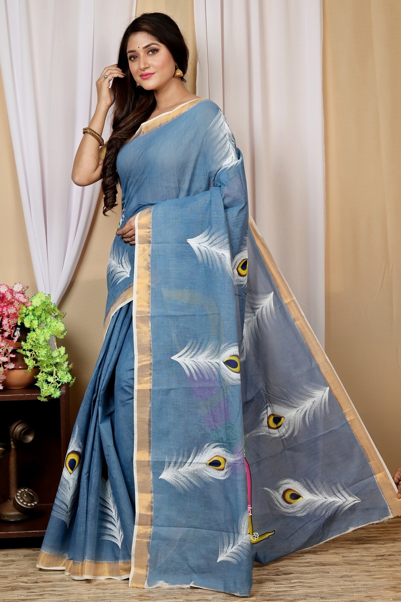 Multi-Coloured Pure Cotton Hataka Hand Painted Saree (9032)