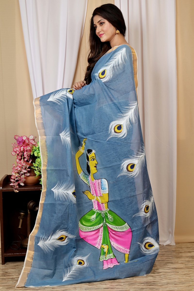 Multi-Coloured Pure Cotton Hataka Hand Painted Saree (9032)