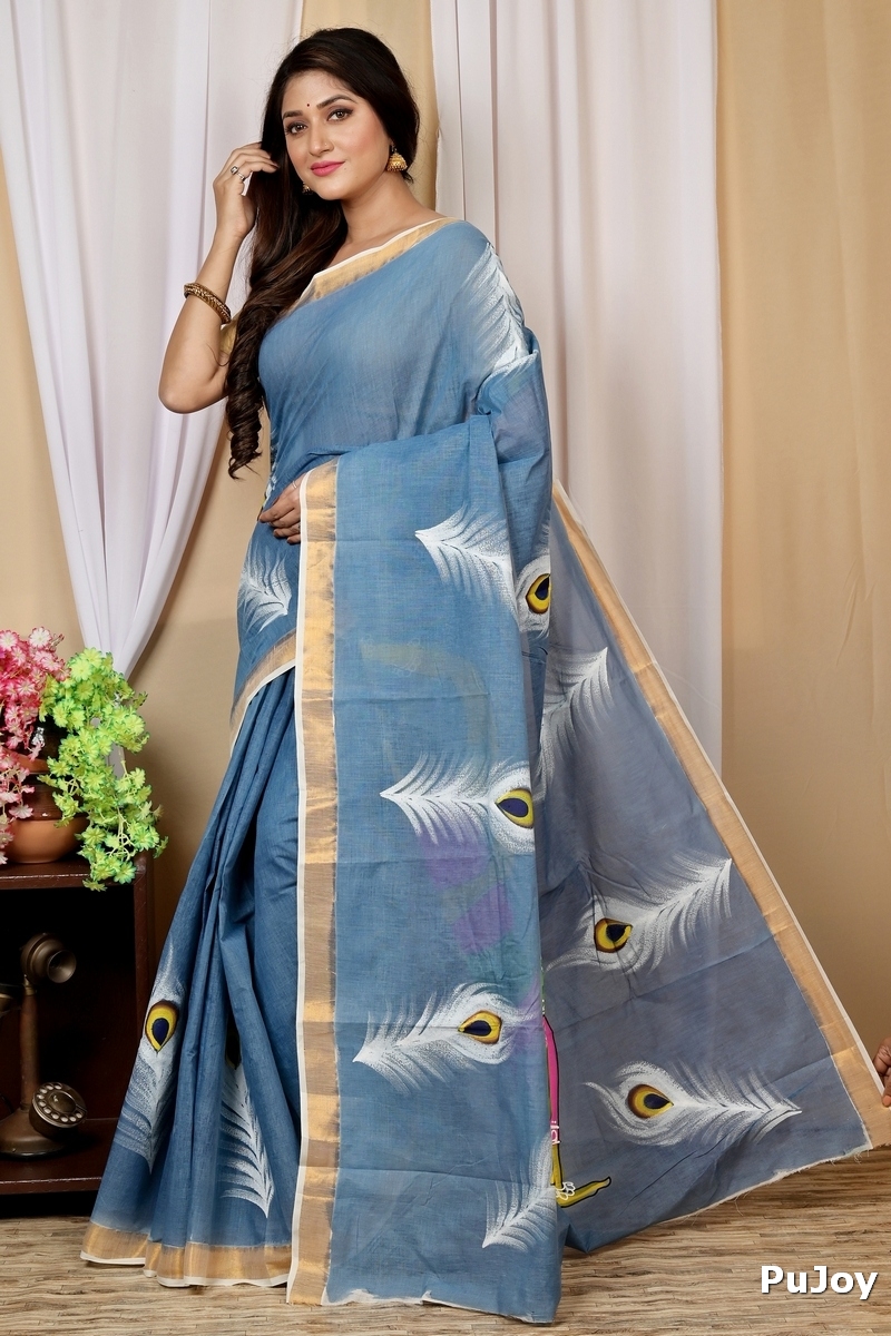 Multi-Coloured Pure Cotton Hataka Hand Painted Saree (9032)