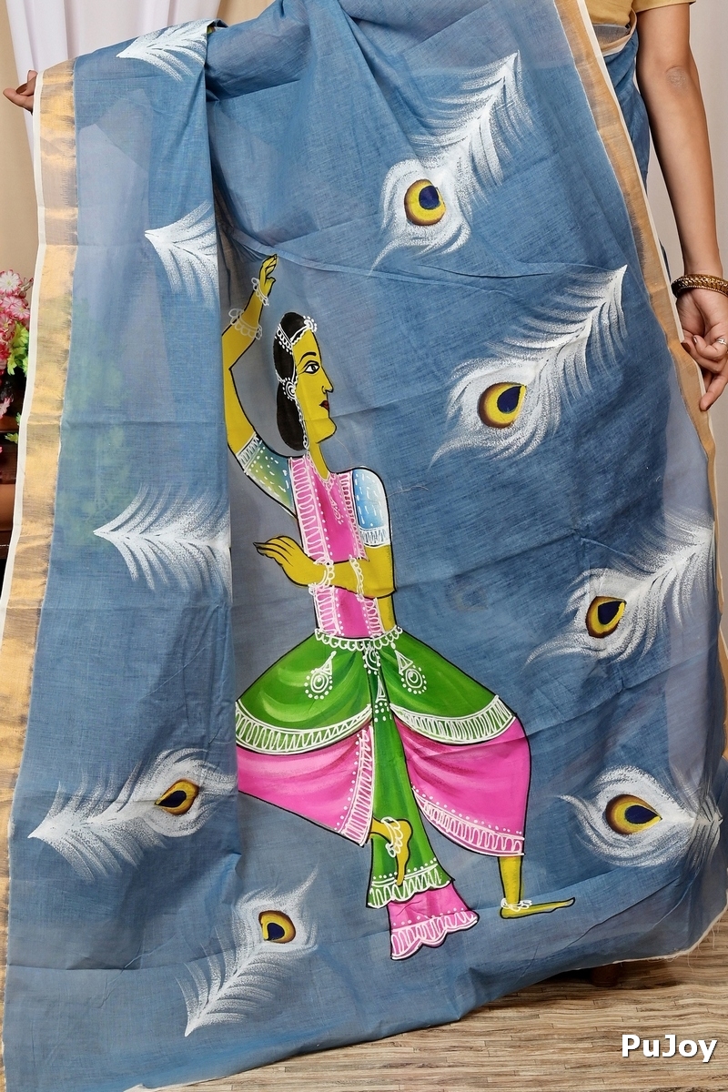 Multi-Coloured Pure Cotton Hataka Hand Painted Saree (9032)