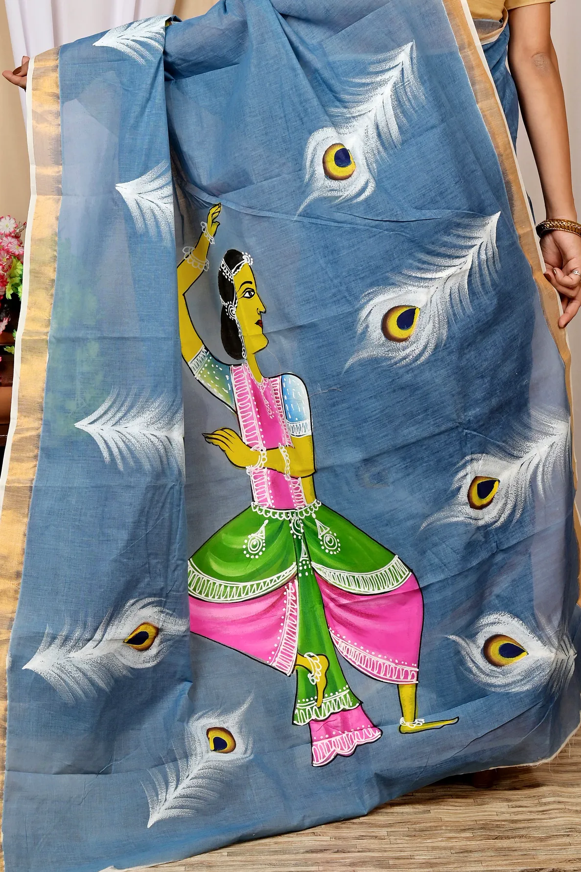 Multi-Coloured Pure Cotton Hataka Hand Painted Saree (9032)