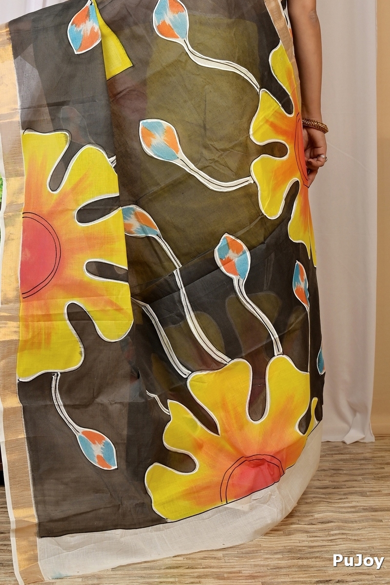 Multi-Coloured Pure Cotton Hataka Hand Painted Saree (9033)
