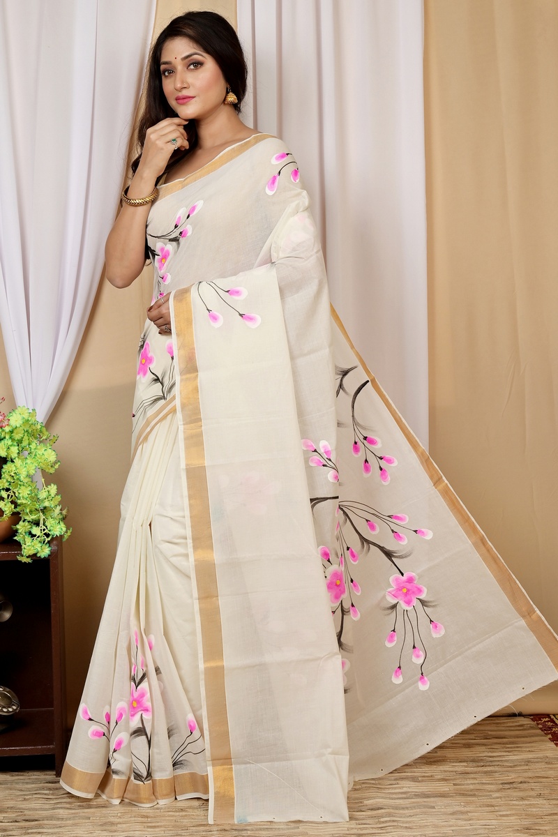 Multi-Coloured Pure Cotton Hataka Hand Painted Saree (9034)